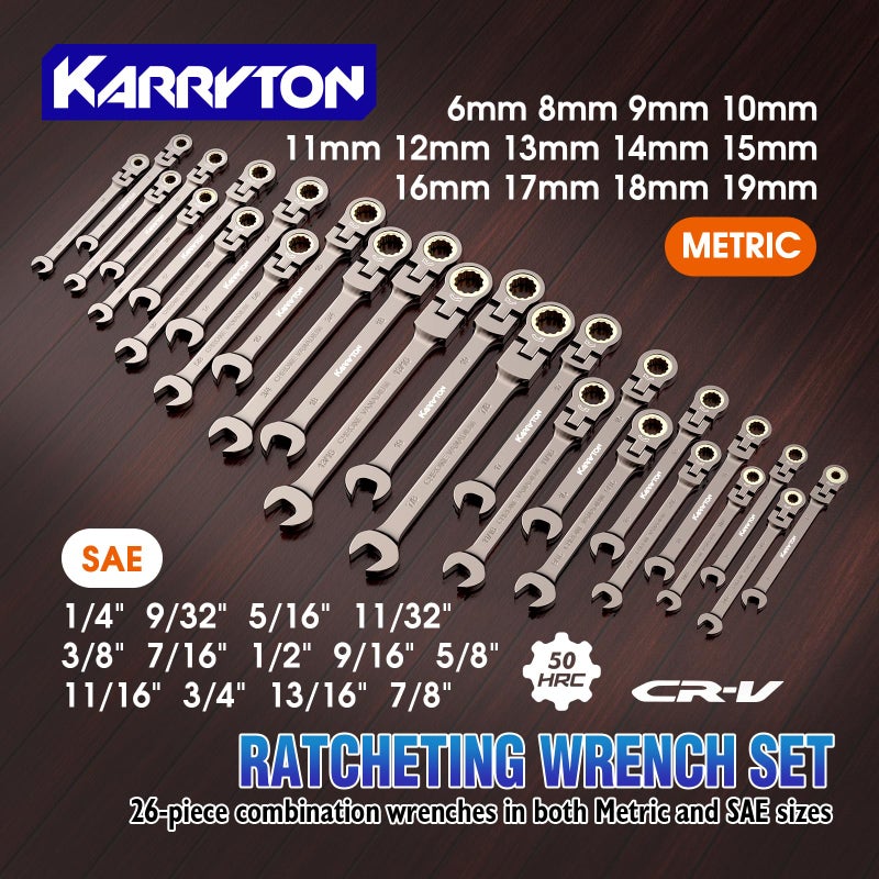 KARRYTON 26-Piece Flex head Ratcheting Wrench Set (Metric & SAE), 72 Teeth Combination Wrench Set w/Organizer Rack,Cr-V Steel,6-19mm(13PCS)&1/4-7/8"(13PCS),Black Nickel Handle with Golden Ratchet - Image 2