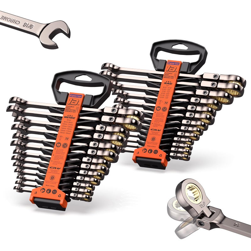 KARRYTON 26-Piece Flex head Ratcheting Wrench Set (Metric & SAE), 72 Teeth Combination Wrench Set w/Organizer Rack,Cr-V Steel,6-19mm(13PCS)&1/4-7/8"(13PCS),Black Nickel Handle with Golden Ratchet - Image 1