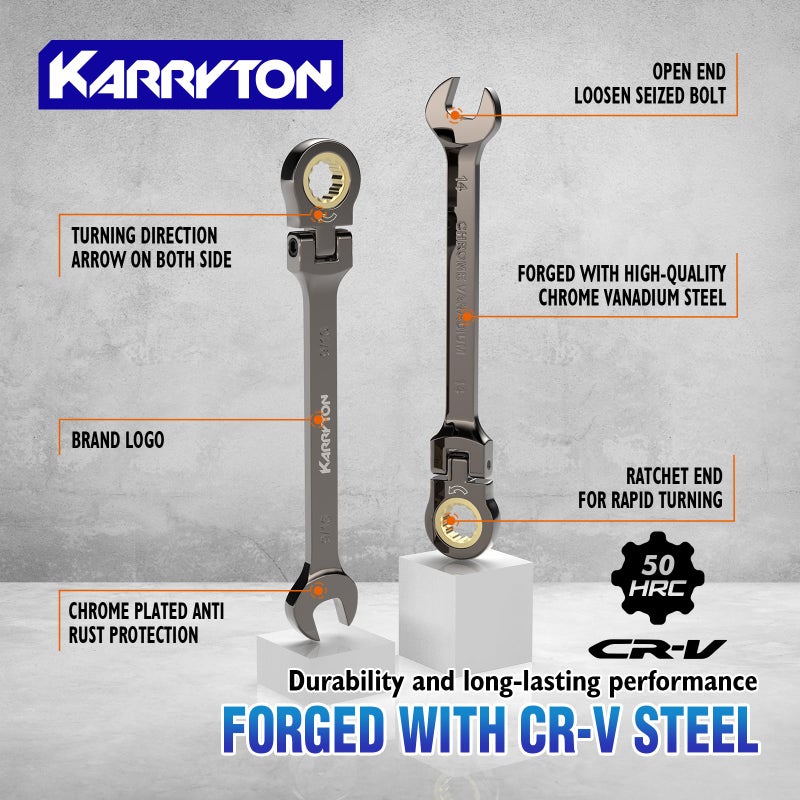 KARRYTON 26-Piece Flex head Ratcheting Wrench Set (Metric & SAE), 72 Teeth Combination Wrench Set w/Organizer Rack,Cr-V Steel,6-19mm(13PCS)&1/4-7/8"(13PCS),Black Nickel Handle with Golden Ratchet - Image 3