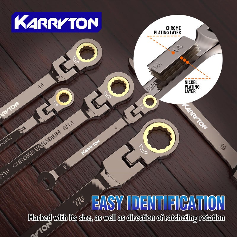KARRYTON 26-Piece Flex head Ratcheting Wrench Set (Metric & SAE), 72 Teeth Combination Wrench Set w/Organizer Rack,Cr-V Steel,6-19mm(13PCS)&1/4-7/8"(13PCS),Black Nickel Handle with Golden Ratchet - Image 5