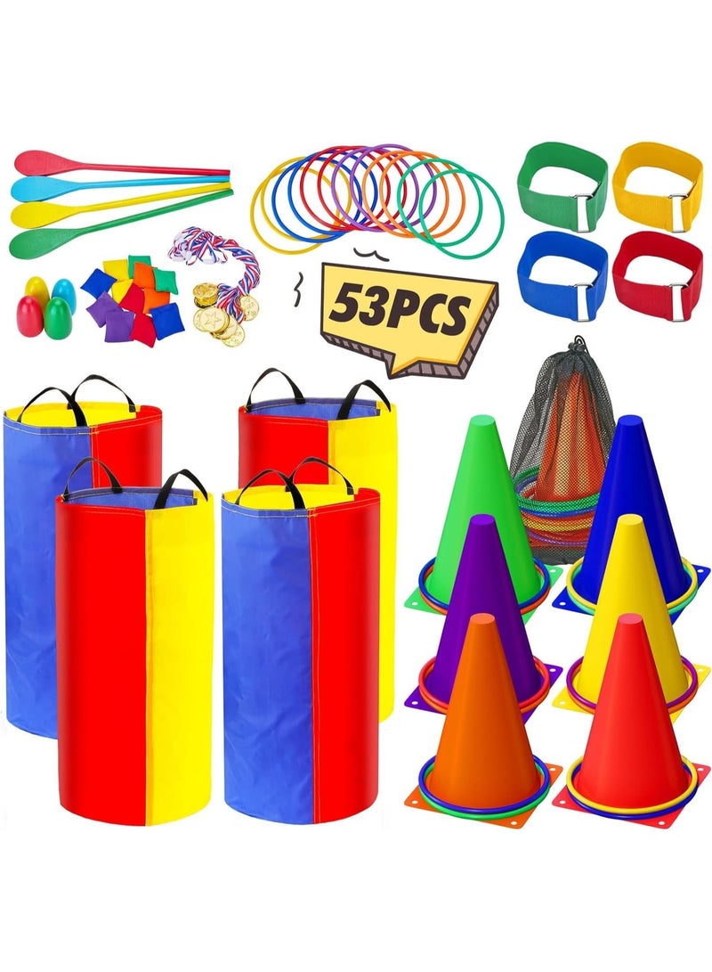 Soofam 53pcs Outdoor Carnival Games Set,Kangaroo Sack Race,Balance Spoon,Leg Tie Bands,Bean Bags, Ring Toss,Obstacle Course & Medals for Kids,Family,Backyard, Birthday Parties - Image 1