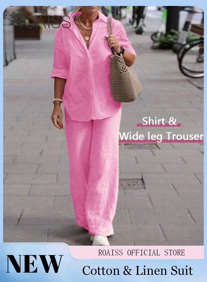 رويس السيدات ملابس 2 قطعة من القطن الكتان المريحة للارتداء اليومي - قميص وبنطال واسع الساقين بتصميم بسيط وتناسب فضفاض للترفيه، وحرية الحركة. - Image 3