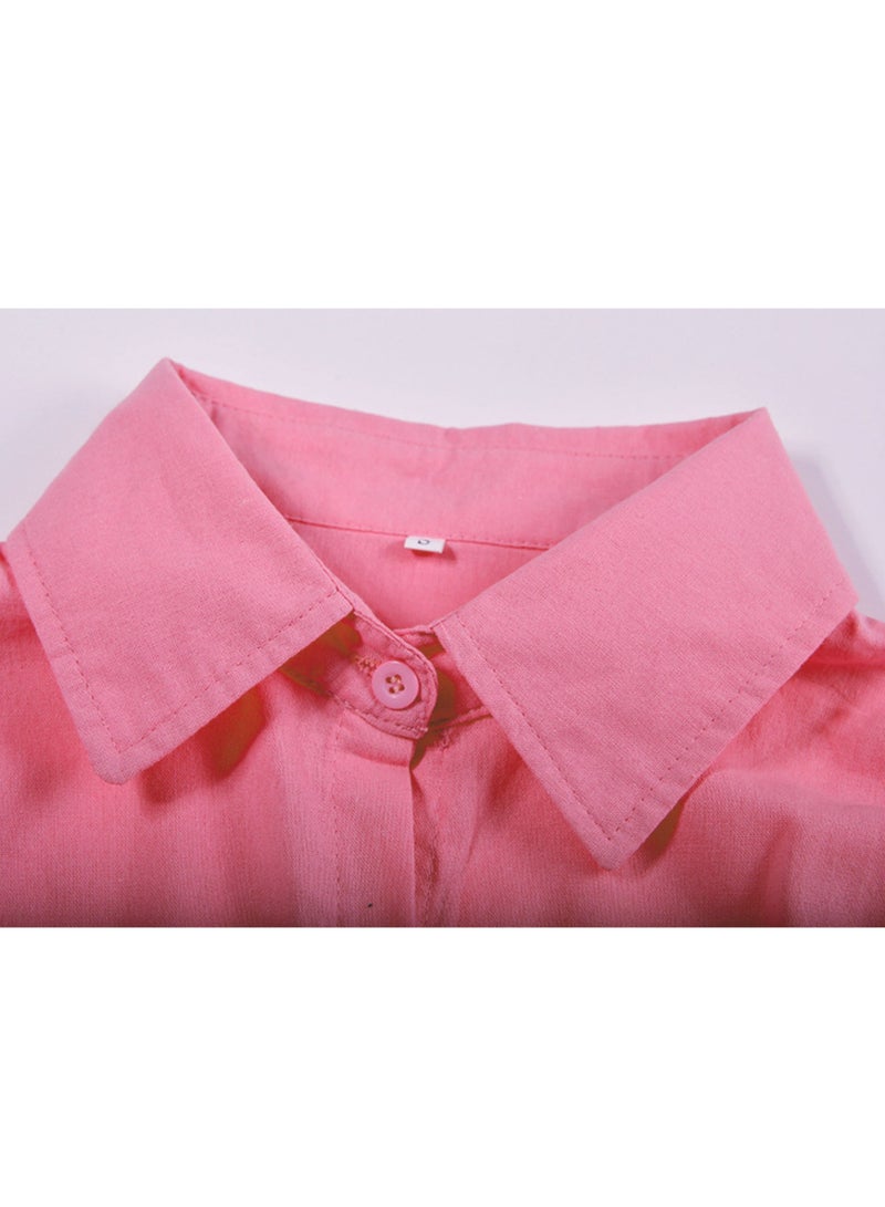 رويس السيدات ملابس 2 قطعة من القطن الكتان المريحة للارتداء اليومي - قميص وبنطال واسع الساقين بتصميم بسيط وتناسب فضفاض للترفيه، وحرية الحركة. - Image 5