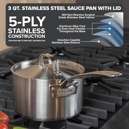 Viking 5-Ply Stainless Steel Sauce Pan with Lid, 3 Quart Saucepan Cooking Pot, Dishwasher and Oven Safe, Induction Ready, Satin Finish - Image 2