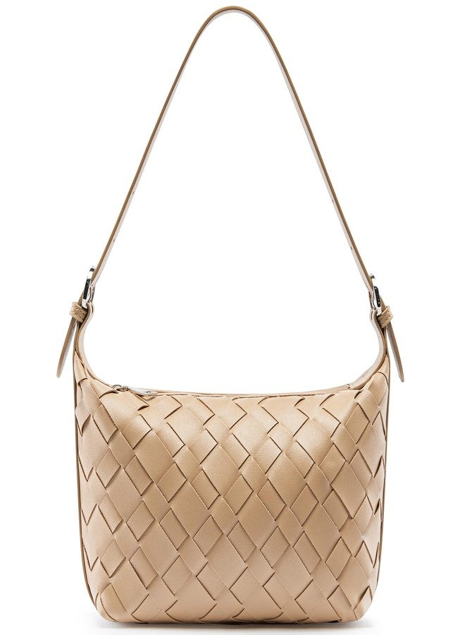 YONGLEE ARTEE Woven Vegan Leather Hobo Shoulder Bag, Small Crossbody Purse Tote for Women (Apricot) - Image 1