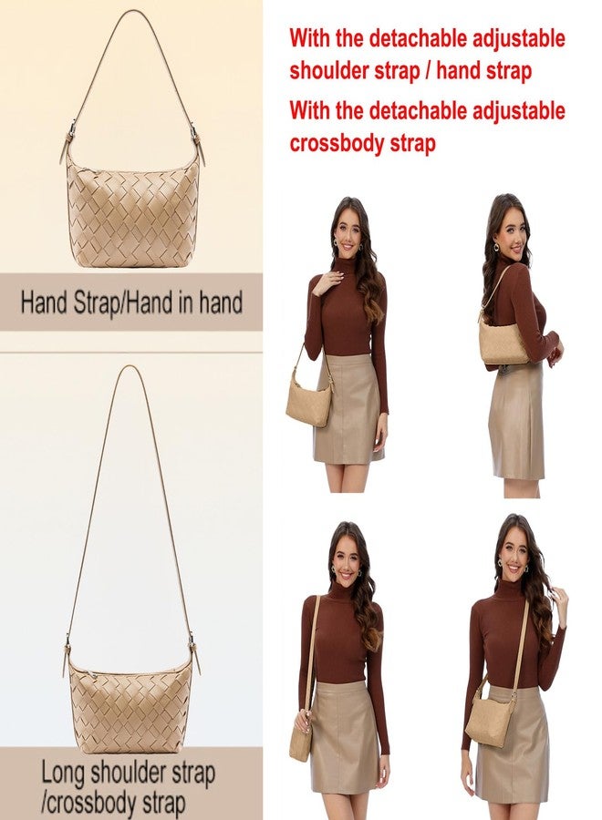 YONGLEE ARTEE Woven Vegan Leather Hobo Shoulder Bag, Small Crossbody Purse Tote for Women (Apricot) - Image 4
