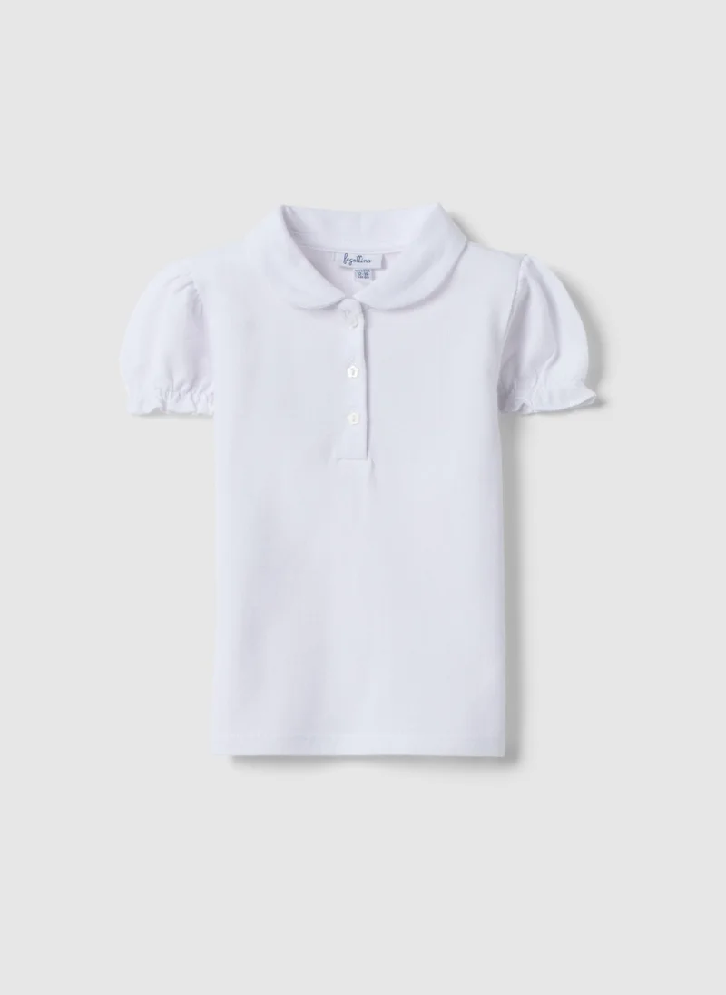 او في اس Ovs White Pure Cotton Polo For Girls, Regular Fit With Ruched Sleeves