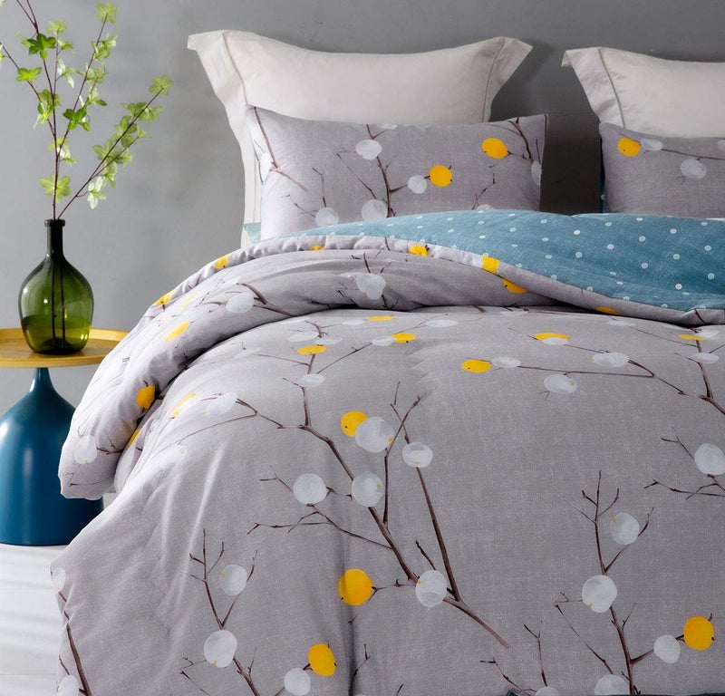 SLEEPBELLA SLEEPBELLA Comforter Queen Size  600 Thread Count Cotton Grey Branch with Yellow Turquoise Polka Dot Pattern Green Reversible Comforter Set Down Alternative Bedding Set 3Pcs (Queen  Grey Branch)  - Image 3