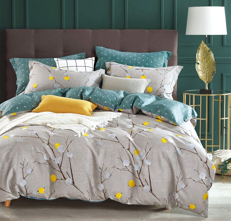 SLEEPBELLA SLEEPBELLA Comforter Queen Size  600 Thread Count Cotton Grey Branch with Yellow Turquoise Polka Dot Pattern Green Reversible Comforter Set Down Alternative Bedding Set 3Pcs (Queen  Grey Branch)  - Image 1
