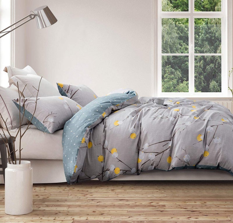 SLEEPBELLA SLEEPBELLA Comforter Queen Size  600 Thread Count Cotton Grey Branch with Yellow Turquoise Polka Dot Pattern Green Reversible Comforter Set Down Alternative Bedding Set 3Pcs (Queen  Grey Branch)  - Image 2