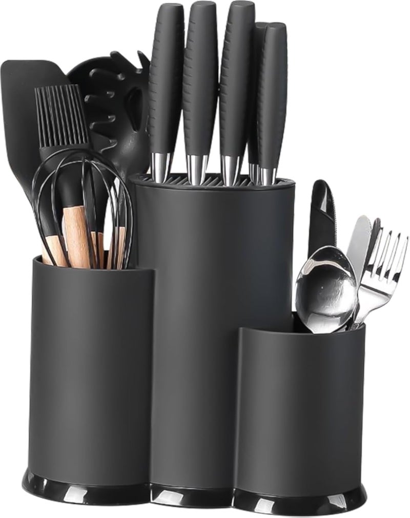 حامل سكاكين 3 في 1 بدون سكاكين، حامل سكاكين أسود بفتحات، حامل سكاكين عالمي بدون سكاكين، تخزين أدوات المطبخ، منظم حامل السكاكين، حامل أدوات المائدة مناسب لجميع سكاكين المطبخ