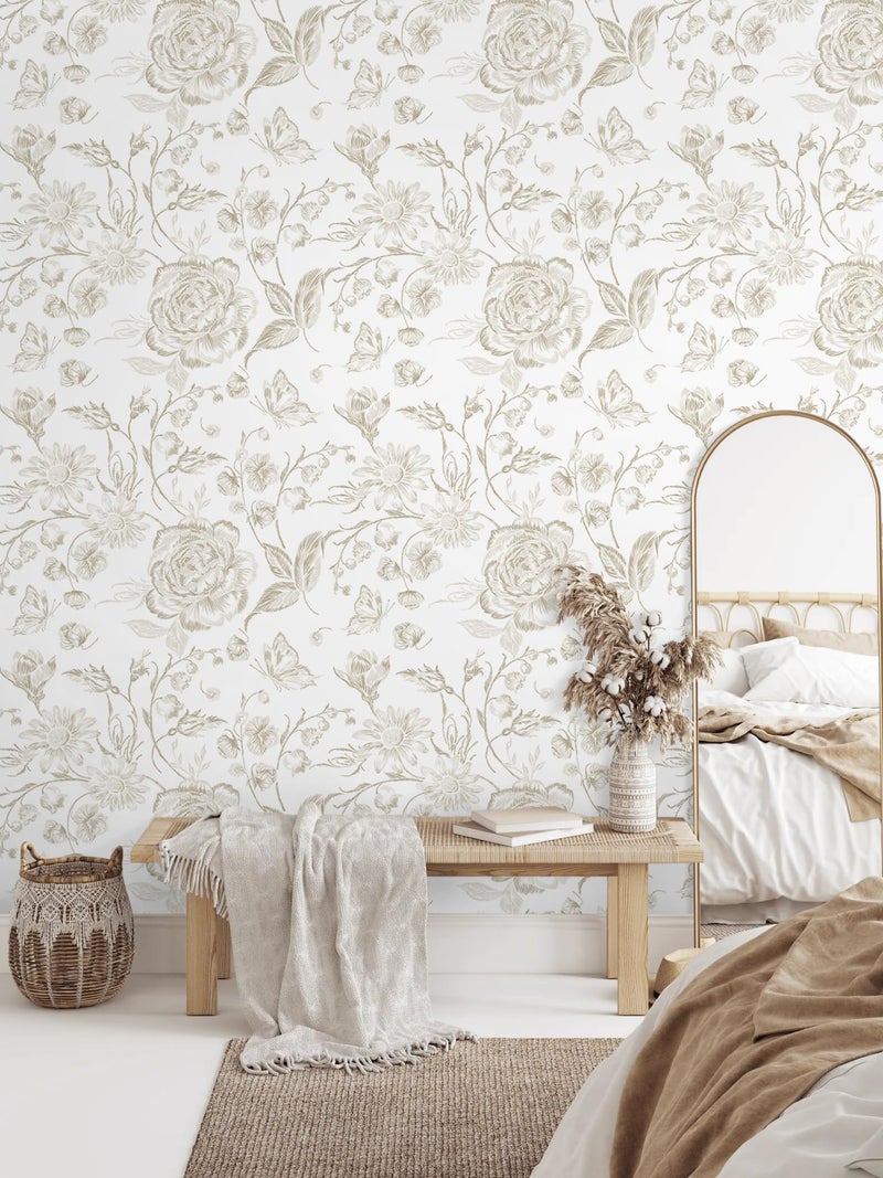 Micpolo Floral Peel and Stick Wallpaper Boho Beige Contact Paper Neutral Farmhouse Vintage Wall Paper Removable Self Adhesive Wallpaper Bedroom Cabinet Bathroom Waterproof Vinyl Roll 17.3" x 78" - Image 3