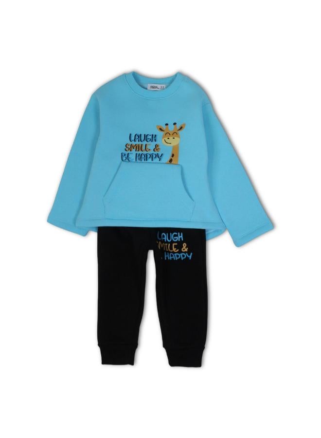 Ourkids Girls Cotton Pajama Set – Aqua with “Laugh, Smile & Be Happy“ Print - Image 1