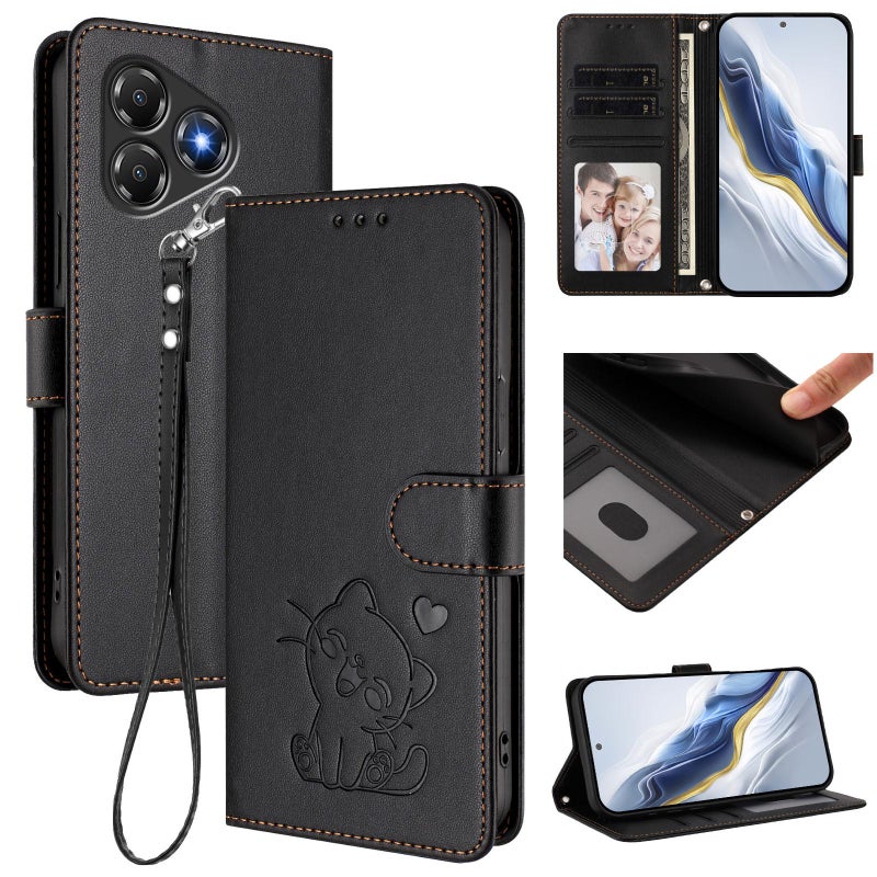 erorex For ZTE Blade A36 4G Embossed  Cat Leather Phone Case with Hand Strap(Black) - Image 1