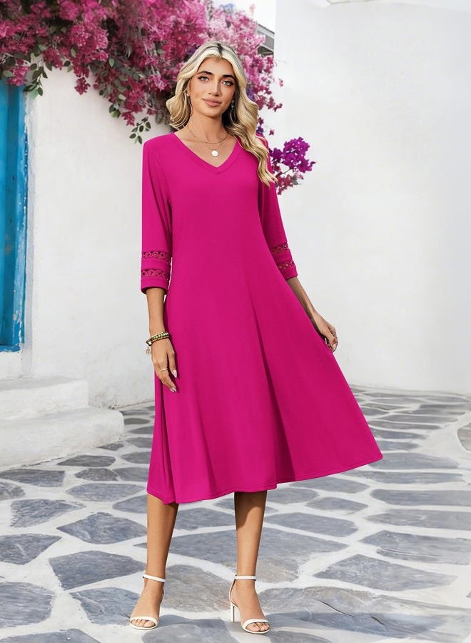 zeagoo Women's Dress 3/4 Sleeve Summer Casual A-Line Swing Eyelet Midi Long Dress with Pockets, Rose Red, M - Image 5
