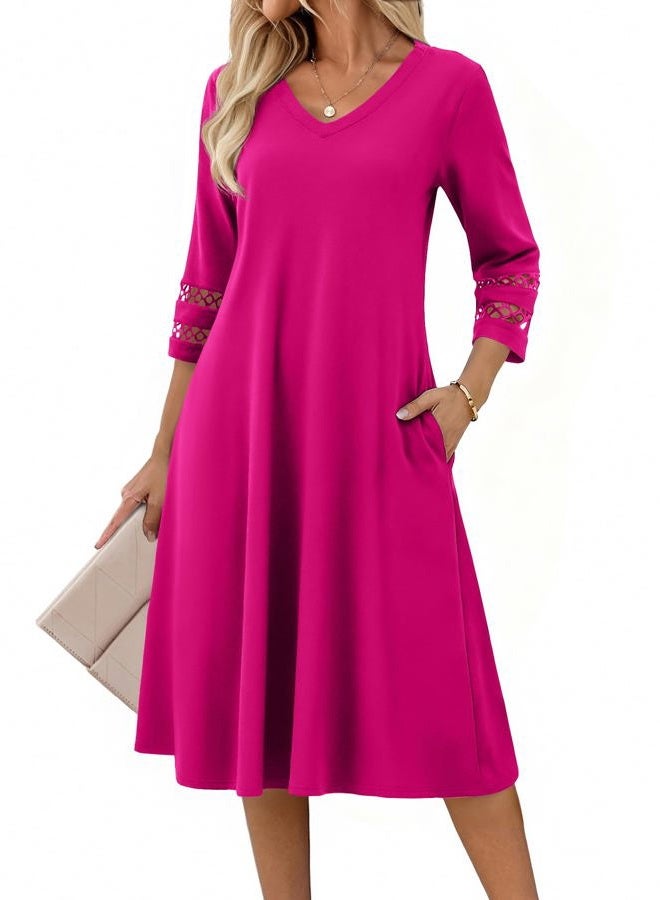 zeagoo Women's Dress 3/4 Sleeve Summer Casual A-Line Swing Eyelet Midi Long Dress with Pockets, Rose Red, M - Image 1