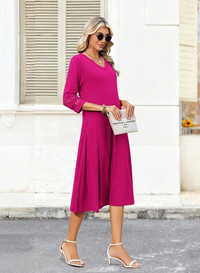 zeagoo Women's Dress 3/4 Sleeve Summer Casual A-Line Swing Eyelet Midi Long Dress with Pockets, Rose Red, M - Image 2