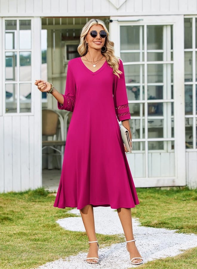 zeagoo Women's Dress 3/4 Sleeve Summer Casual A-Line Swing Eyelet Midi Long Dress with Pockets, Rose Red, M - Image 3