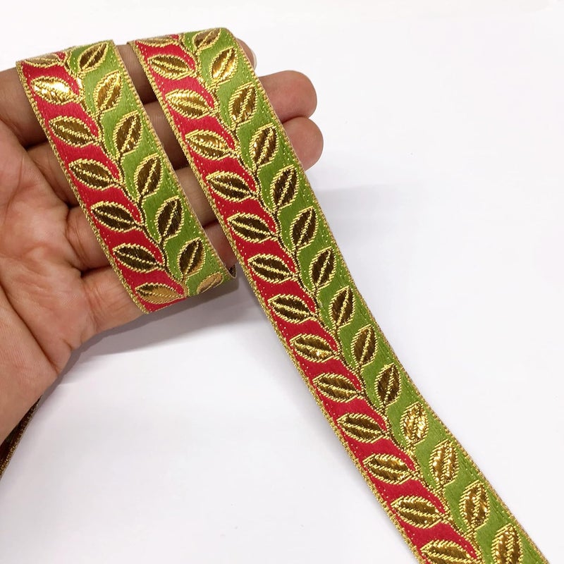 Lami 9 Meter Golden Leaf Two Shaded Design Red & Green Lace Ribbon Trim for Decorative Packaging Material Lace DIY Sewing Craft Material - Image 1