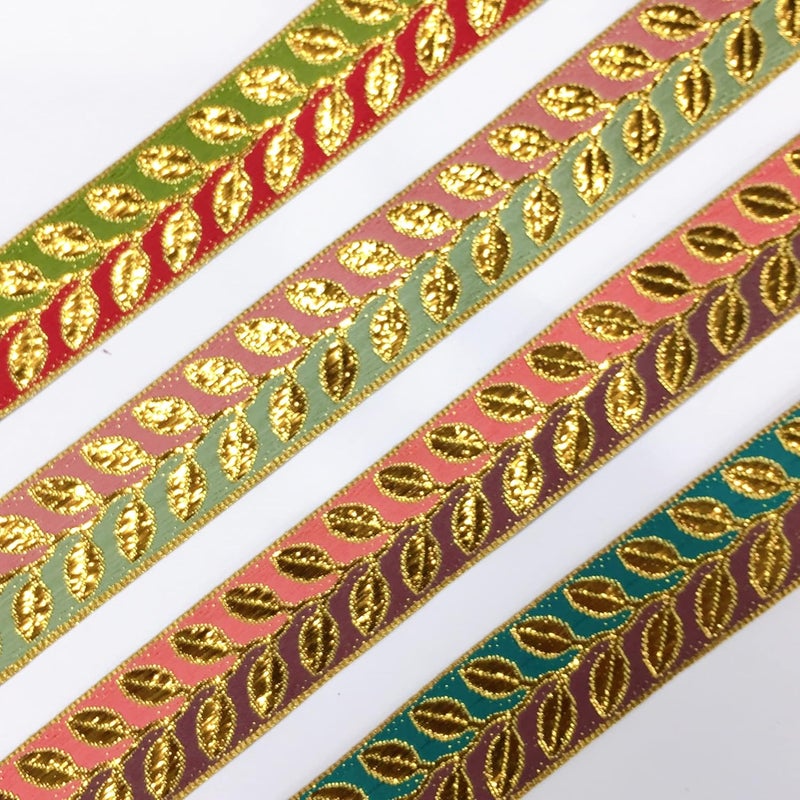 Lami 9 Meter Golden Leaf Two Shaded Design Red & Green Lace Ribbon Trim for Decorative Packaging Material Lace DIY Sewing Craft Material - Image 3