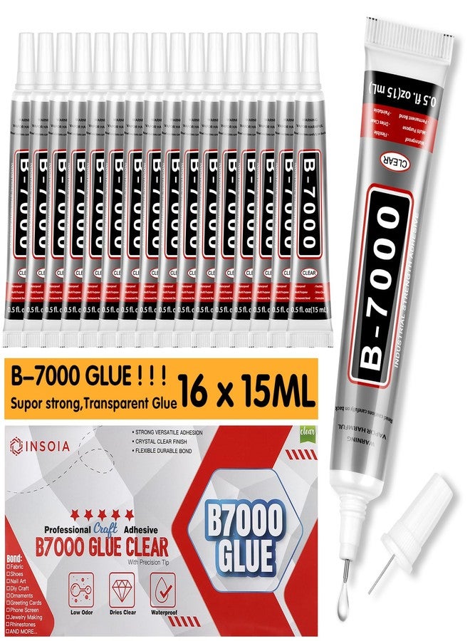 INSOIA B7000 Rhinestone Glue Clear 16 PCS 15ml - Strong Transparent No Trace Jewelry Glue with Precision Tip, Quick Dry Multi-Purpose Adhesive for Making Nail Makeup Fabric Shoes Craft Phone Repair - Image 1