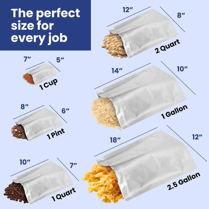 Wallaby 50 Count 1-Cup Gusset Mylar Bags with Labels, 11 Mil Total Thickness Long-Term Food Storage Pouches, 7x5 Stand-Up Zipper Heat-Sealable Airtight Packaging - Silver - Image 2