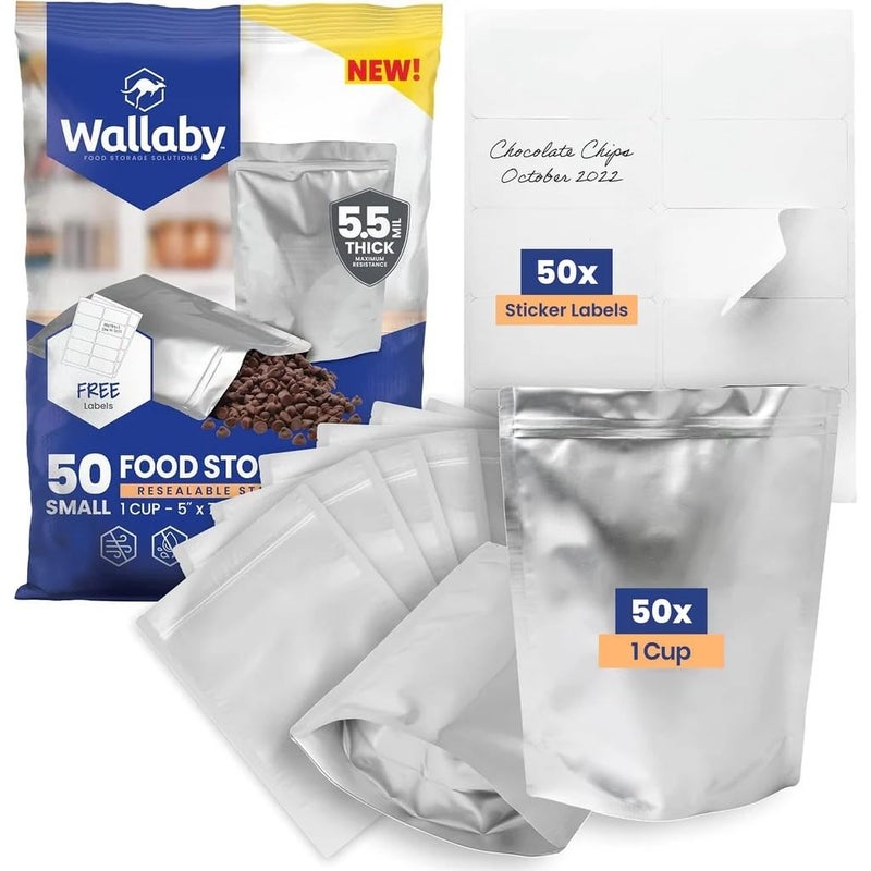 Wallaby 50 Count 1-Cup Gusset Mylar Bags with Labels, 11 Mil Total Thickness Long-Term Food Storage Pouches, 7x5 Stand-Up Zipper Heat-Sealable Airtight Packaging - Silver - Image 1