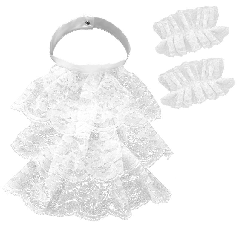 Fumwase 2PCS White Lace Neck Ruffle Collar and Cuffs Sleeves Set Costume Accessories for Women Men Halloween Cosplay Party (White) - Image 1