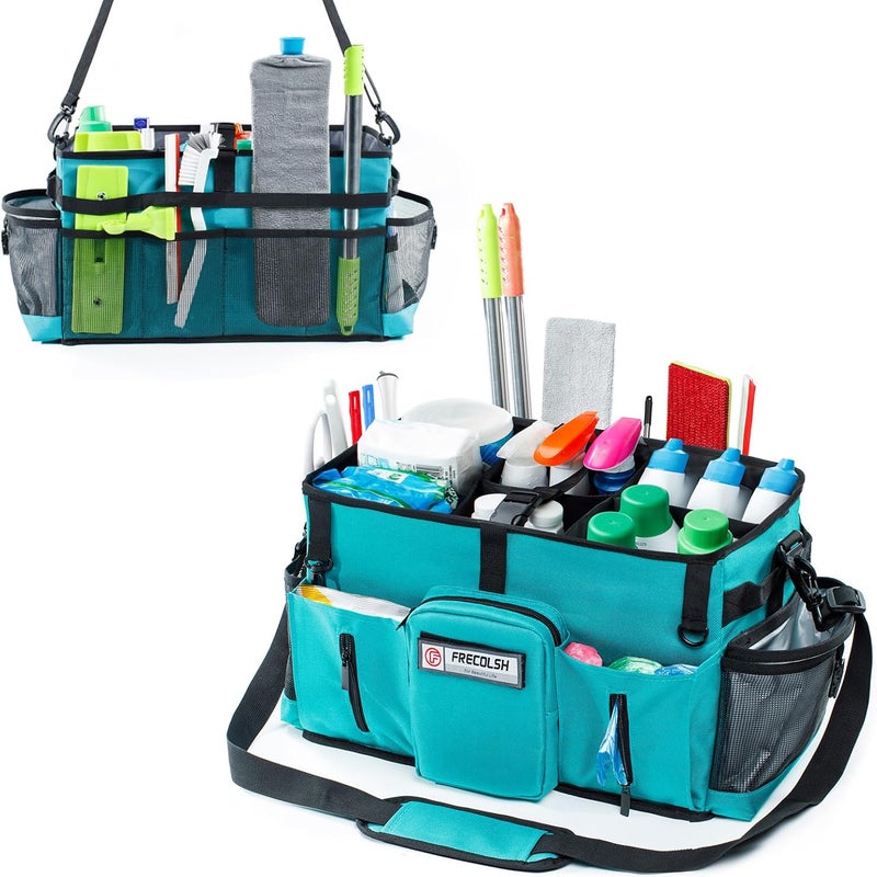 FRECOLSH Large Cleaning Supplies Organizer-Cleaning Caddy Organizer With Handles & Shoulder Strap-Cleaning Bags for Cleaning Suppliers-Housekeepers Wearable Cleaning Tote 2023 Upgraded, Teal - Image 1