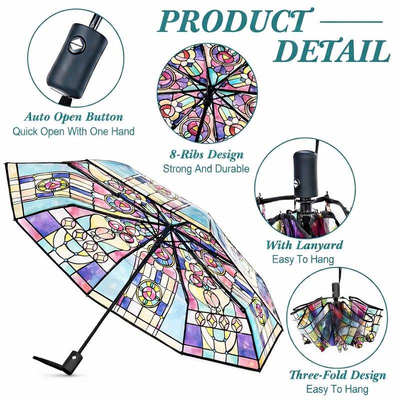 SMORBRID Stained Glass Automatic Umbrella,Transparent Vintage Parasol Umbrellas,Clear Umbrellas for Rain,Automatic Folding Umbrella for Women Girl - Image 5
