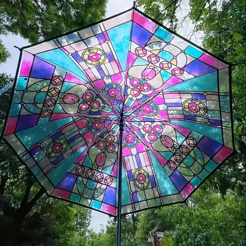 SMORBRID Stained Glass Automatic Umbrella,Transparent Vintage Parasol Umbrellas,Clear Umbrellas for Rain,Automatic Folding Umbrella for Women Girl - Image 2