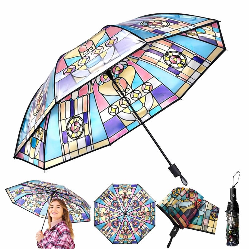 SMORBRID Stained Glass Automatic Umbrella,Transparent Vintage Parasol Umbrellas,Clear Umbrellas for Rain,Automatic Folding Umbrella for Women Girl - Image 1