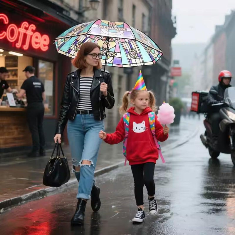 SMORBRID Stained Glass Automatic Umbrella,Transparent Vintage Parasol Umbrellas,Clear Umbrellas for Rain,Automatic Folding Umbrella for Women Girl - Image 3