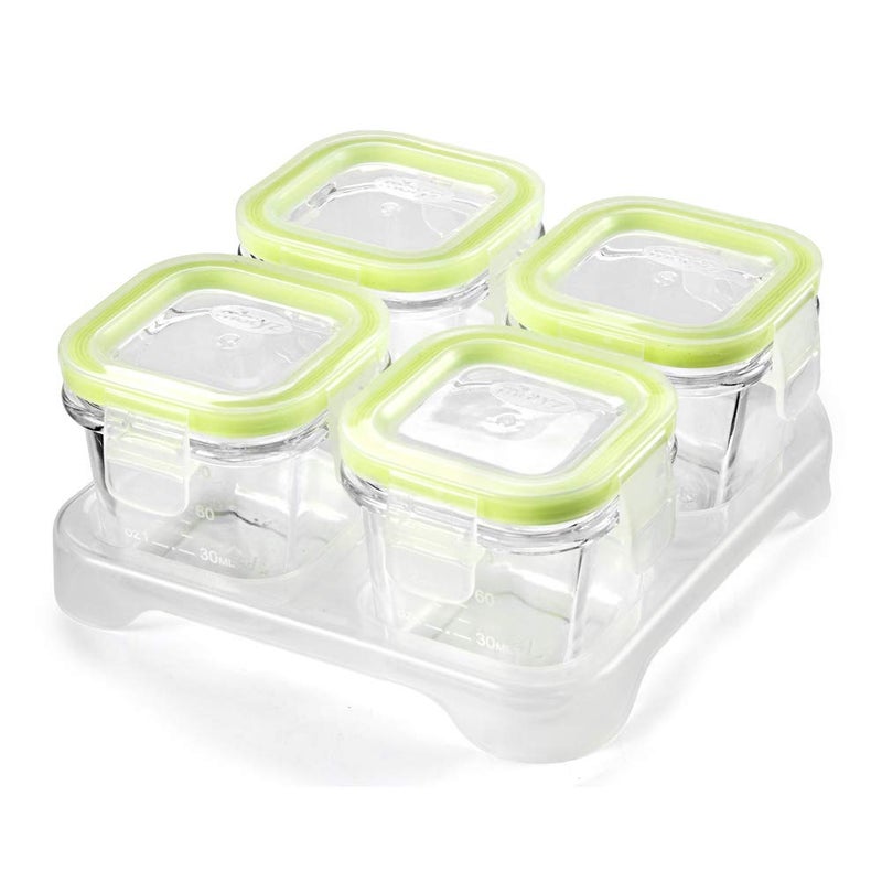 Matyz 4Pack Glass Baby Food Storage Containers with Airtight Lids and Stackable Tray Green 3 OZ Each Small Freezer Storage Containers for Baby On The Go Air Tight Food Storage Containers