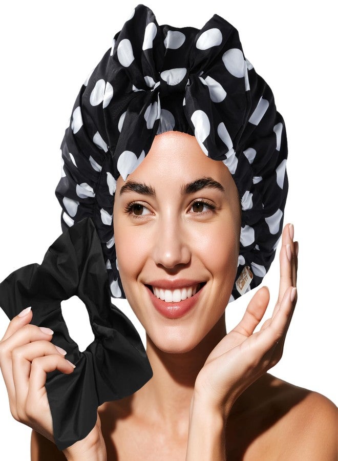 Years calm Shower Cap for Women with 2 Hair Ties, Luxury Shower Caps for Women Reusable Waterproof, Detachable Bowknot Satin Lined Hair Cap for Long Hair, Fit Spa, Travel, Shower - Image 1