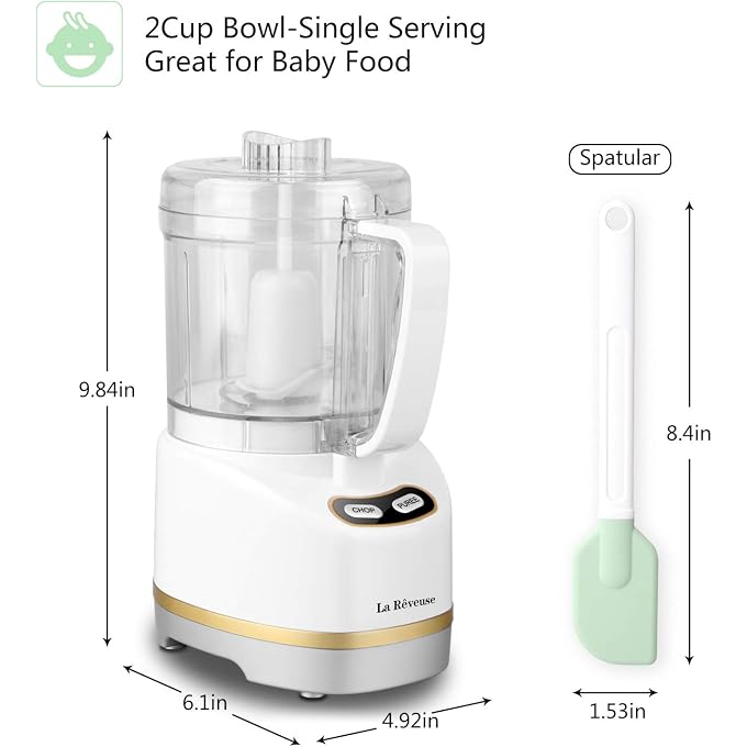 La Reveuse Electric Mini Food Processor with 200 Watts 2-Cup Prep Bowl for Mincing Chopping Grinding Blending Pureeing (White + Metallic Grey) - Image 2