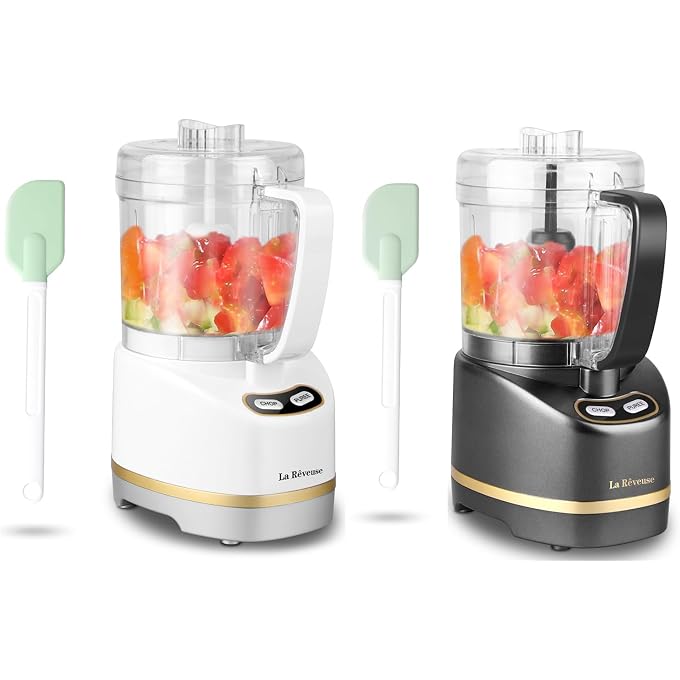 La Reveuse Electric Mini Food Processor with 200 Watts 2-Cup Prep Bowl for Mincing Chopping Grinding Blending Pureeing (White + Metallic Grey) - Image 1