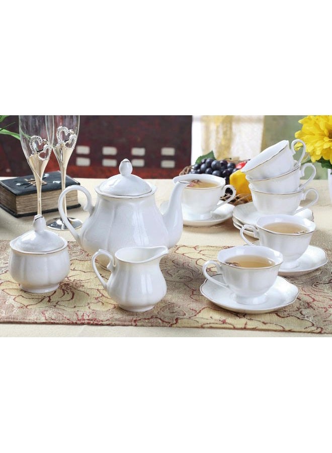 GuangYang 15-pcs Lotus Shape Porcelain Tea set with 7oz 6 Tea Cups and 6 Saucers,1 Teapot Sugar Bowl,1 Cream Pitcher,White - Image 2