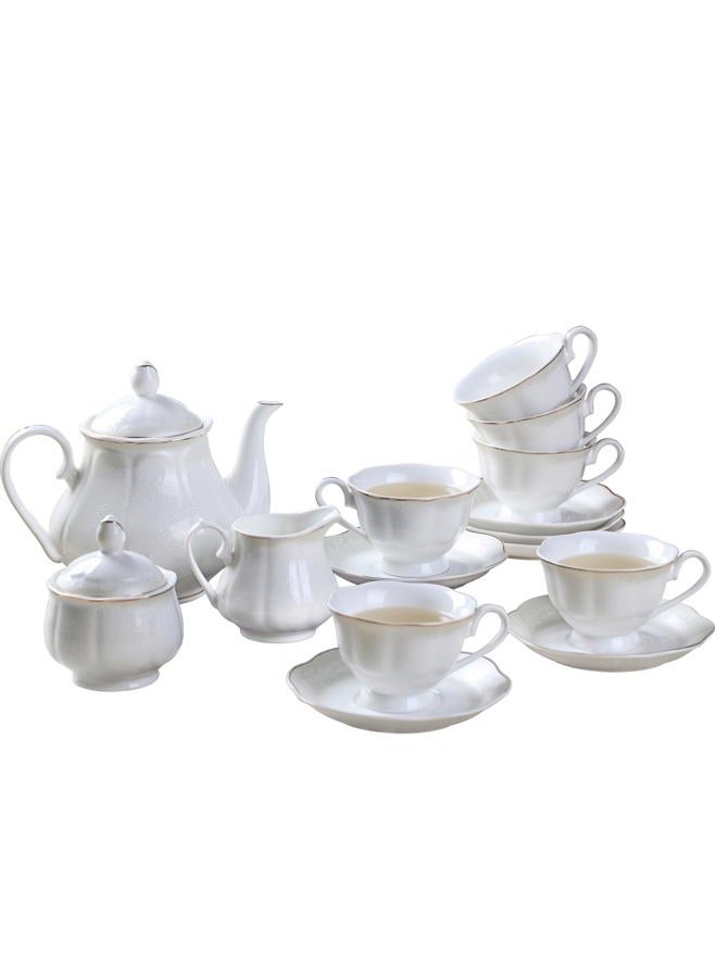 GuangYang 15-pcs Lotus Shape Porcelain Tea set with 7oz 6 Tea Cups and 6 Saucers,1 Teapot Sugar Bowl,1 Cream Pitcher,White - Image 1