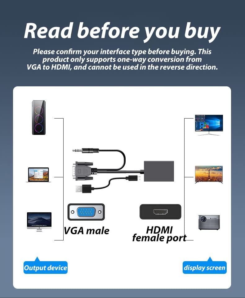BigPlayer VGA to HDMI Adapter with Audio – Gold-Plated VGA (Male) to HDMI (Female) Converter with 0.5FT Audio Cable, Uni-Directional VGA to HDMI for PC, Laptop, Monitor to HDTV, Projector, Display - Image 4
