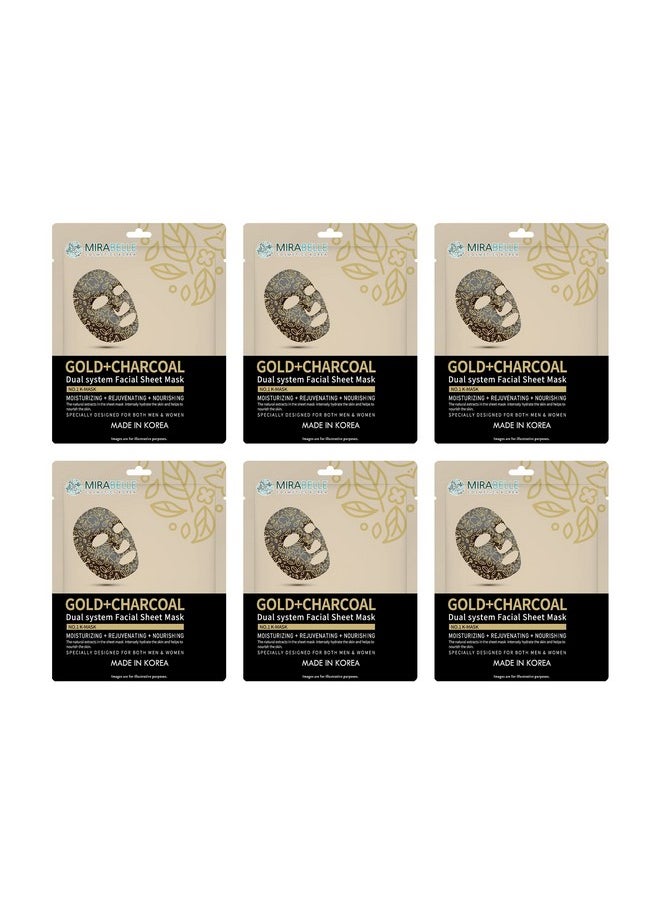 MIRABELLE Cosmetics Korea Gold + Charcoal Facial Sheet Mask | Sebum Control | Reduce Spots | Women & Men | Made In Korea | Combo Pack Of 6 (Each 25Ml)  - Image 1