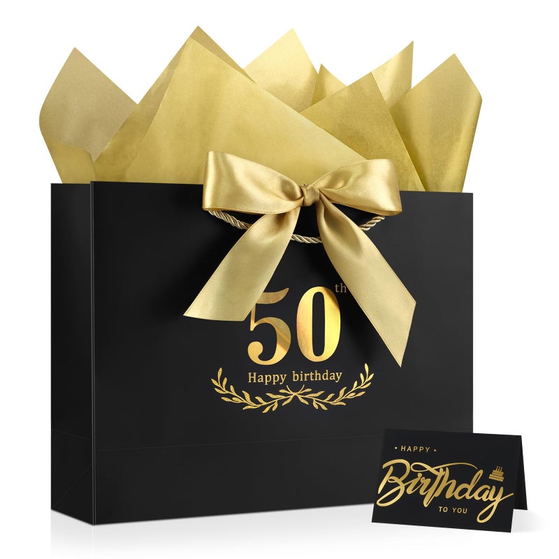 JMANNI Black Gold 50th Birthday Gift Bag with Card and Tissue Paper, 12.6"Ã—9.84"Ã—3.9" Elegant Present Bag for Men Women, 50 Year Old Birthday Keepsake Party Supplies - Image 1
