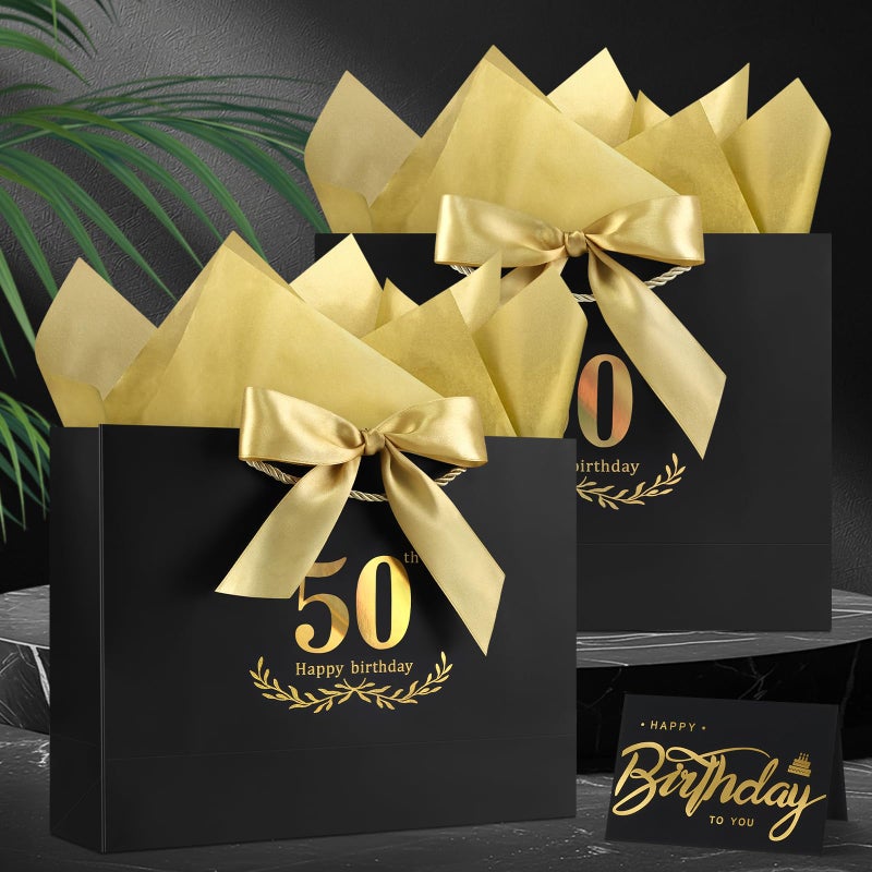 JMANNI Black Gold 50th Birthday Gift Bag with Card and Tissue Paper, 12.6"Ã—9.84"Ã—3.9" Elegant Present Bag for Men Women, 50 Year Old Birthday Keepsake Party Supplies - Image 2