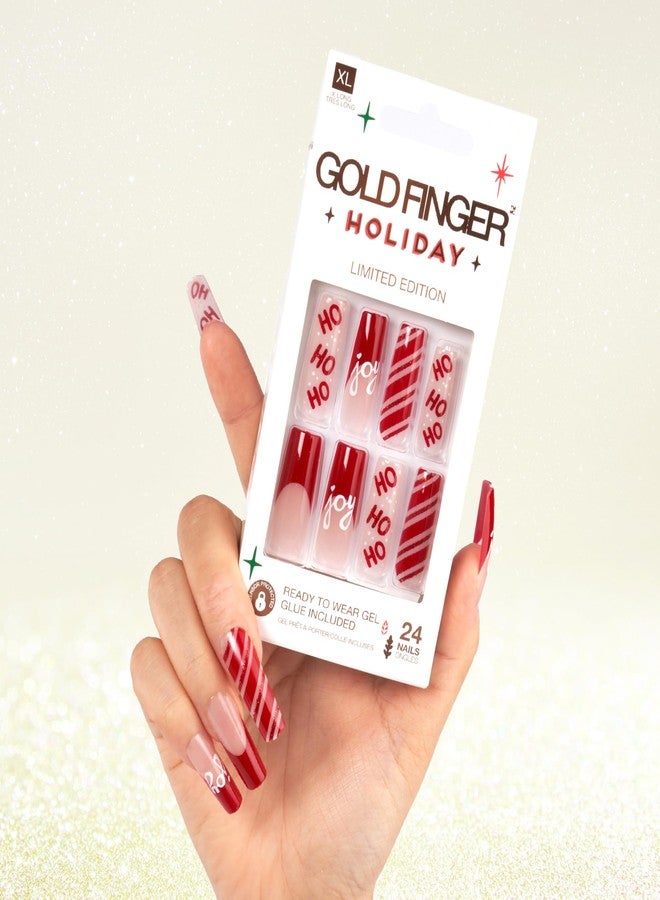 GoldFinger Gold Finger 24 Pcs Holiday Press On Nails - Christmas French Tip Square Coffin Oval Fake Nails, Long-Lasting Glossy Glitter Winter Seasonal Snow Flakex-mas Glue On Nails (SANTA'S HO HO HO) - Image 1