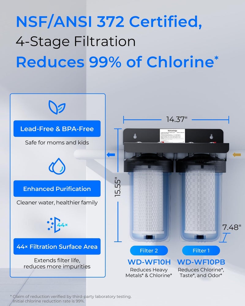 Waterdrop 2 Stage Whole House Water Filter System, with Heavy Metal Sediment Filter, Highly Reduce Mercury, Lead, Iron, Manganese, Chlorine for Well/City Water, WD-WHF21-PBH, 1" Inlet/Outlet - Image 4