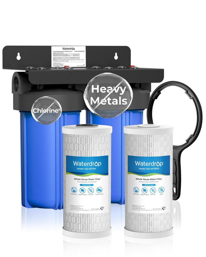 Waterdrop 2 Stage Whole House Water Filter System, with Heavy Metal Sediment Filter, Highly Reduce Mercury, Lead, Iron, Manganese, Chlorine for Well/City Water, WD-WHF21-PBH, 1" Inlet/Outlet - Image 1