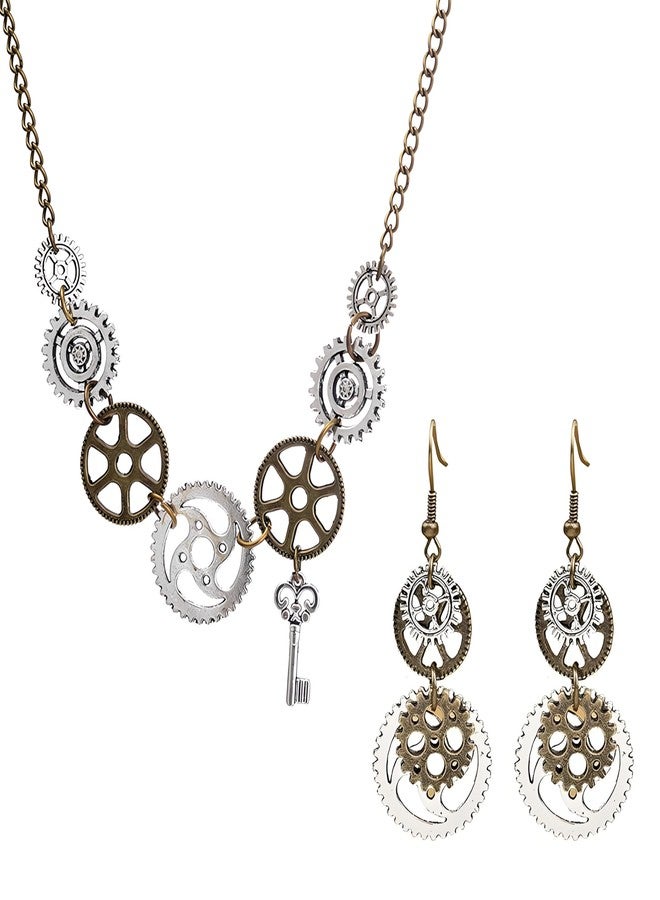 WCRAZYE Steampunk Gears Earrings Pendant Necklace for Women Men Handmade Punk Vintage Owl Butterfly Wing Clock Gear Earrings Halloween Jewelry Gifts (Gears Key) - Image 1