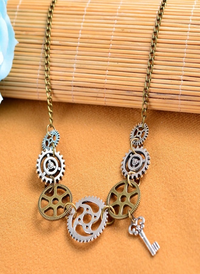 WCRAZYE Steampunk Gears Earrings Pendant Necklace for Women Men Handmade Punk Vintage Owl Butterfly Wing Clock Gear Earrings Halloween Jewelry Gifts (Gears Key) - Image 5