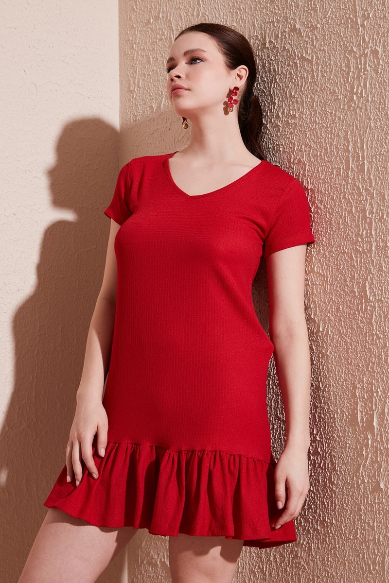 Lela Red Ruffle Hem Dress  - Image 2