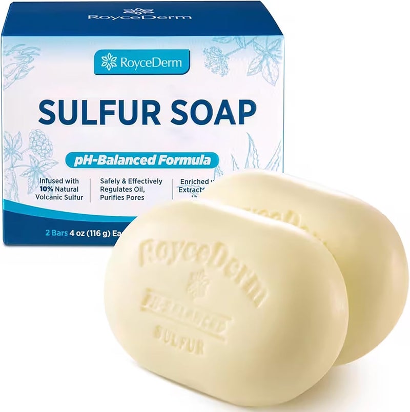 Roycederm Sulfur Soap for Acne Support Sulfur Face Wash Bar for Sensitive Skin and BlemishProne Areas  Sulfur Body Cleanser with 10 Volcanic Sulfur Tea Tree Oil  2 Bars
